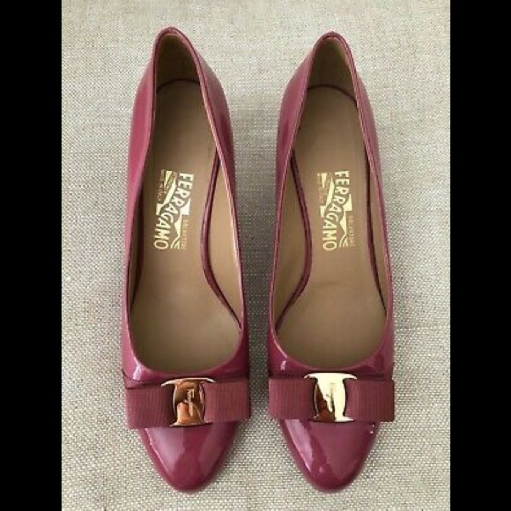 Ferragamo Vara Pumps Pink Patent Bow Kitten Heels - Picture 4 of 8